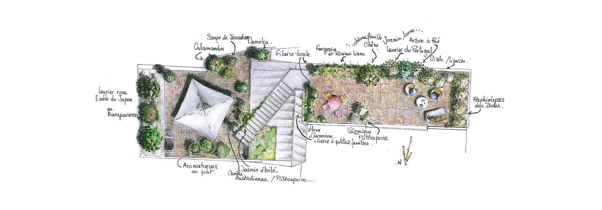 Illustration : vue du dessus des deux terrasses avec l'escalier, le mobilier et les végétaux.