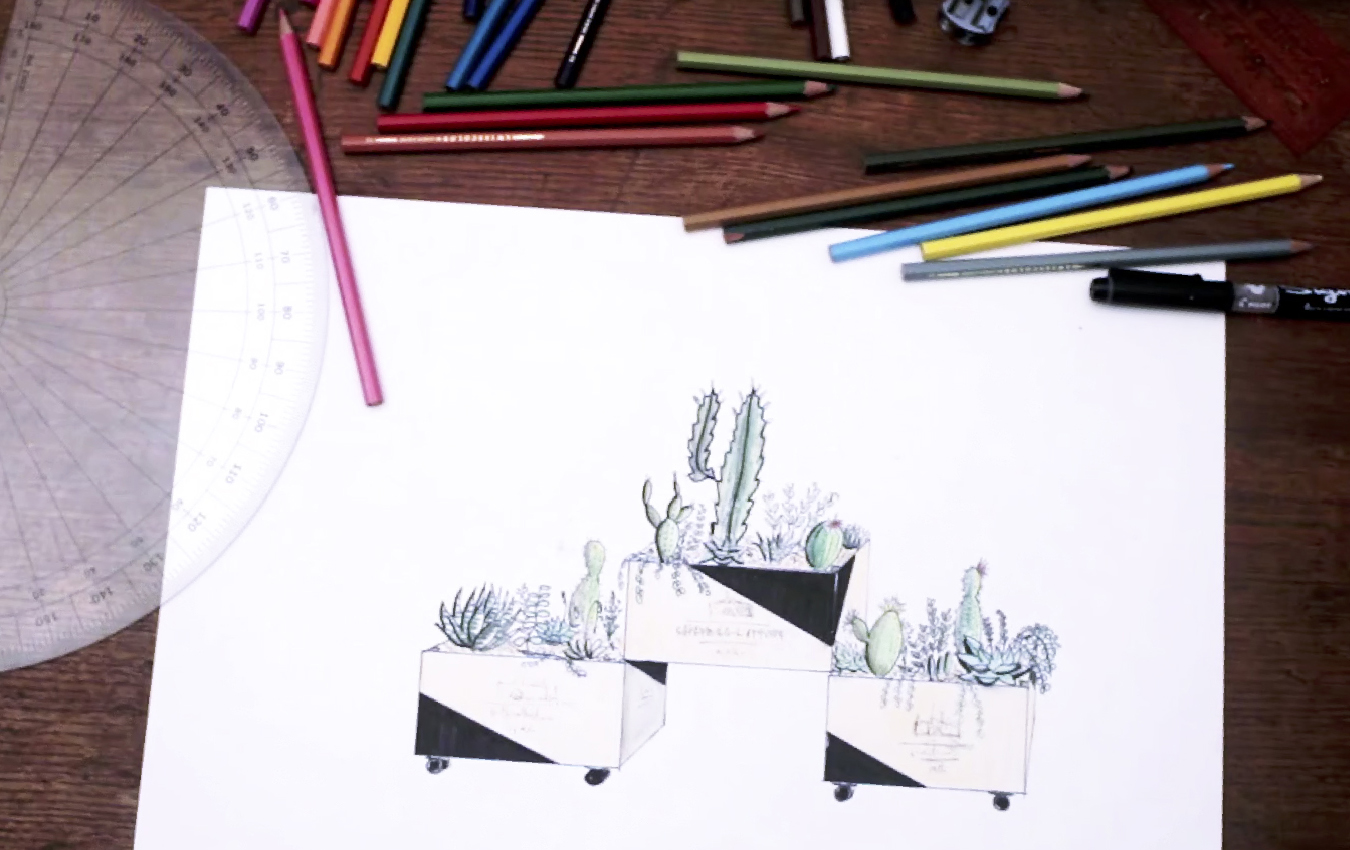 Dessin aux crayons de couleur du projet de jardin mexicain par Guillaume Verdegay.